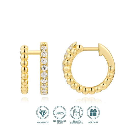 1pcs Gold Hoop Earrings 925 Sterling Silver 18K Gold Plated Beaded Design with CZ Stones for Women Jewelry Gift