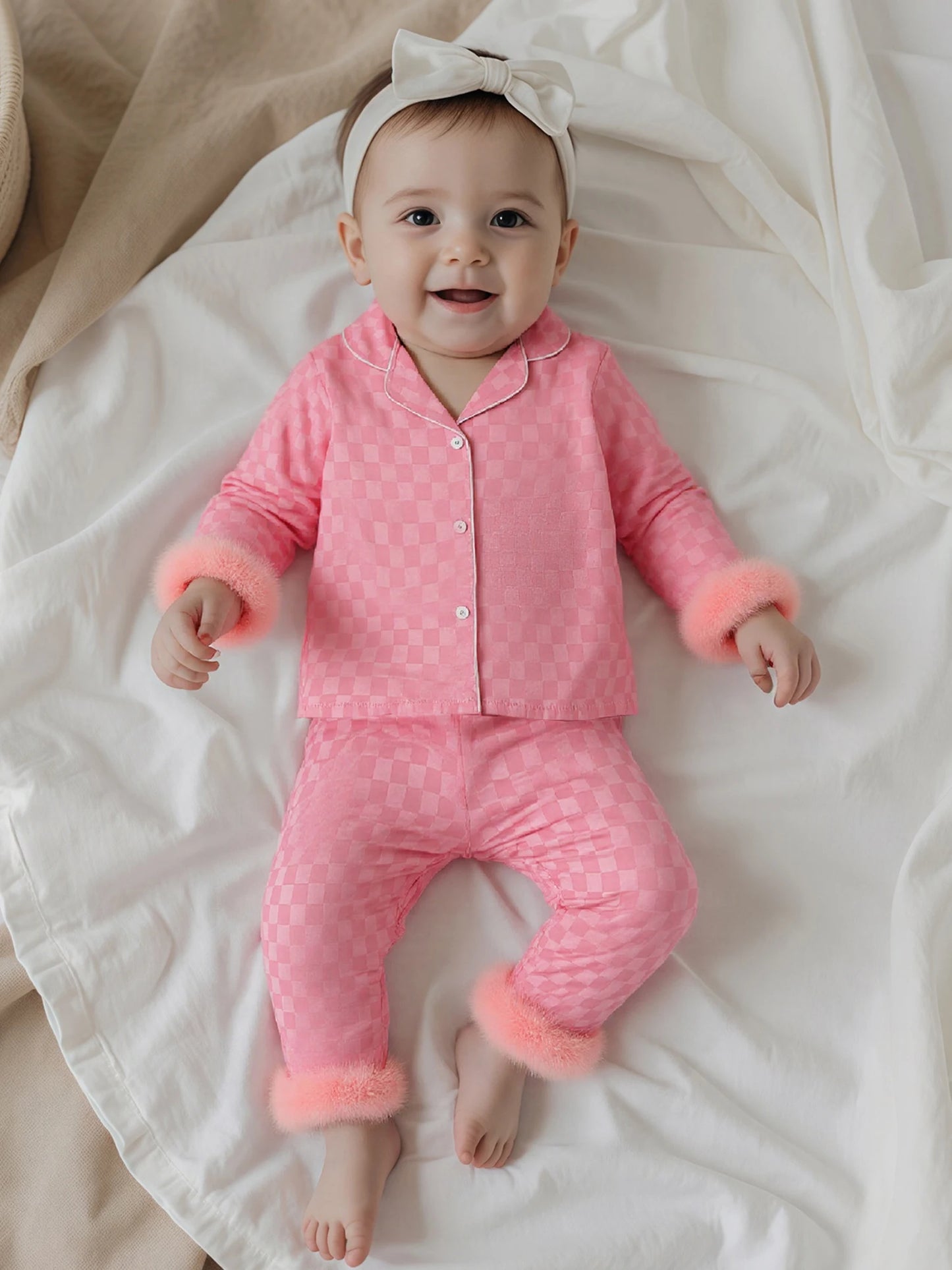Adorable Infant Girls Checkered Pajama Outfits Stylishly Adorned with Faux Fur Lapel V-Neck Long Sleeve Blouses and Trousers