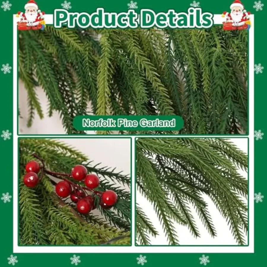 2 Pcs Norfolk Pine Garlands Real Touch Winter Pine Garland 6 FT Green Greenery Artificial Greenery Garland for Mantle Table Wal