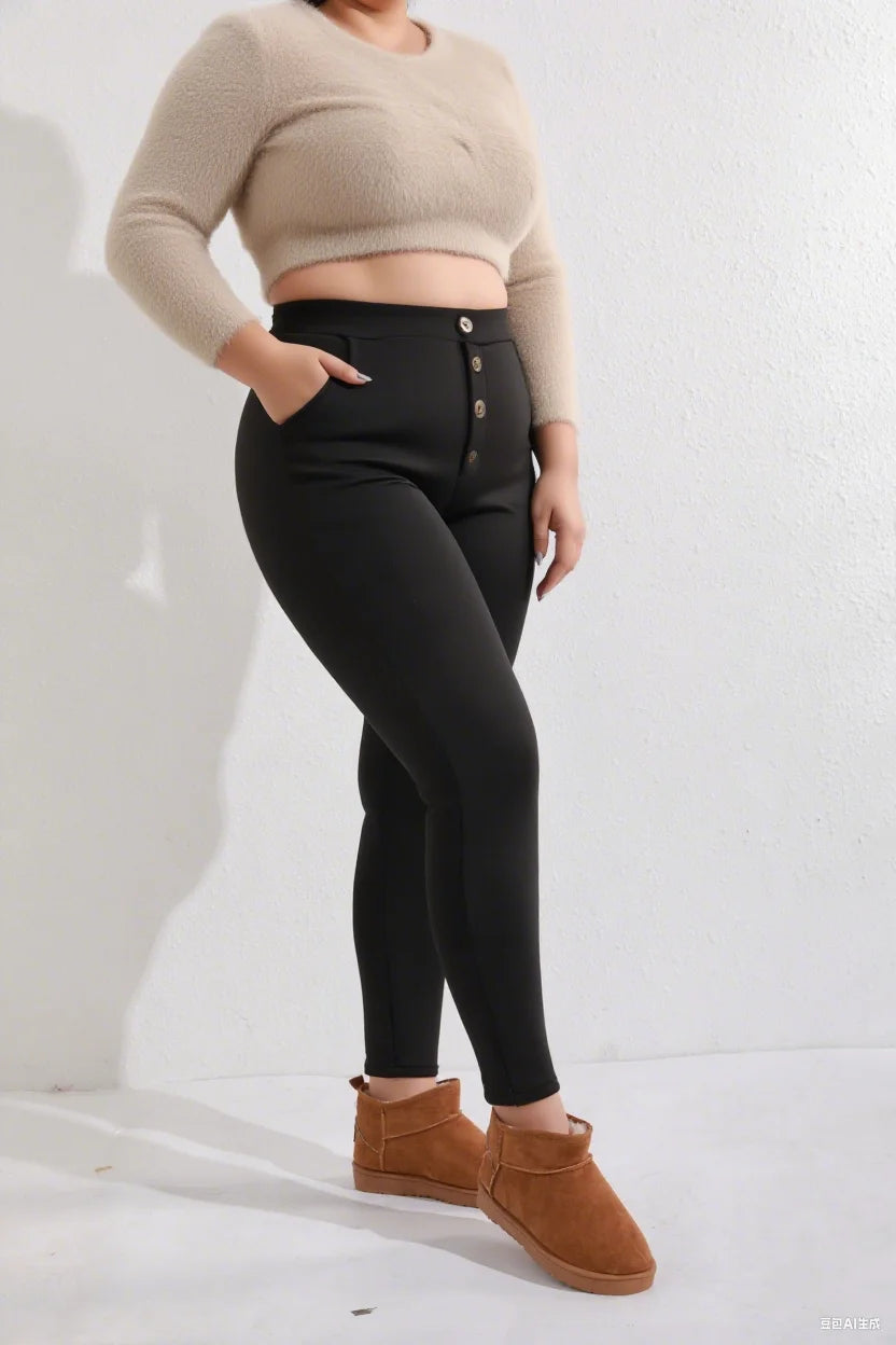 Plus-size high-waisted buttoned leggings for women, stretchy, slimming, fleece-lined, warm, base layer pants, suitable for outer