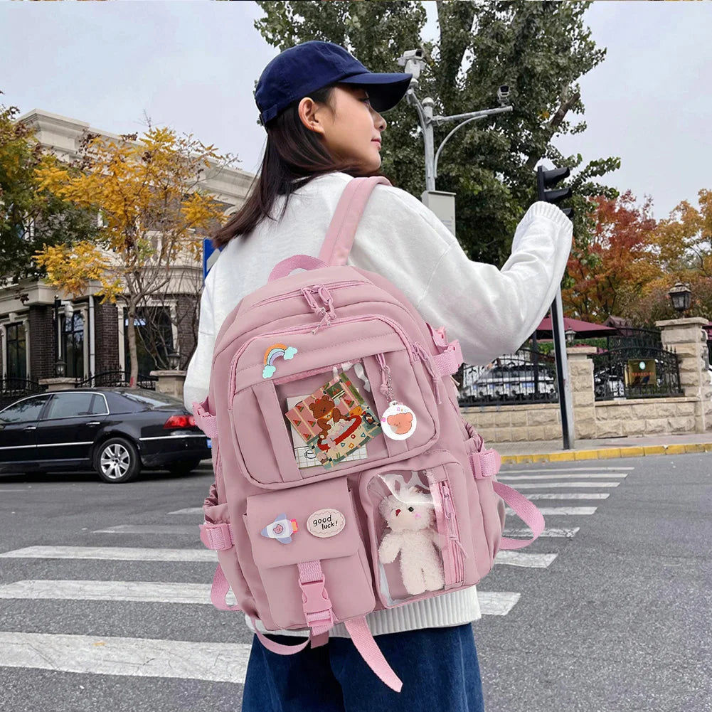 College Student Rucksack Fashion Casual Book Bags Nylon with Plush Pendant Pin Cute Large Capacity Japanese Style for Teen Girls