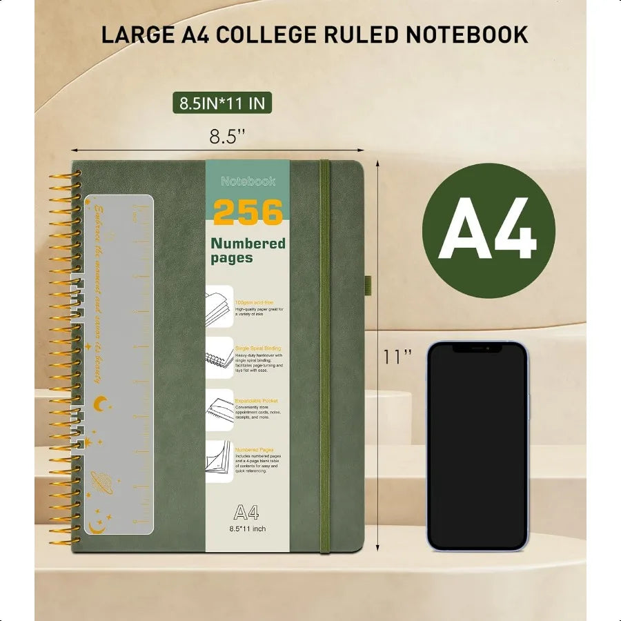 A4 Spiral Notebook Journal 8.5 x 11 256 Numbered Pages Hardcover Leather Journals for Women Men Large Lined College Ruled Noteb