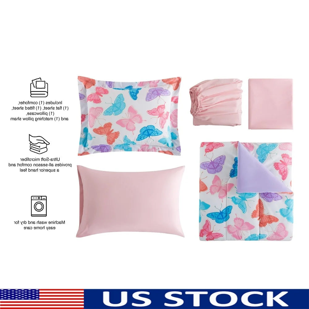 Glow In The Dark Butterfly Bedding Set Twin 5 Piece Kids Comforter Soft Polyester Reversible Design Cozy Sleep