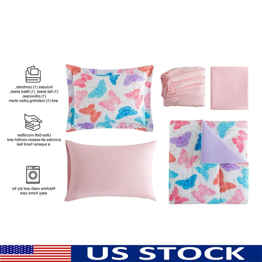 Glow In The Dark Butterfly Bedding Set Twin 5 Piece Kids Comforter Soft Polyester Reversible Design Cozy Sleep