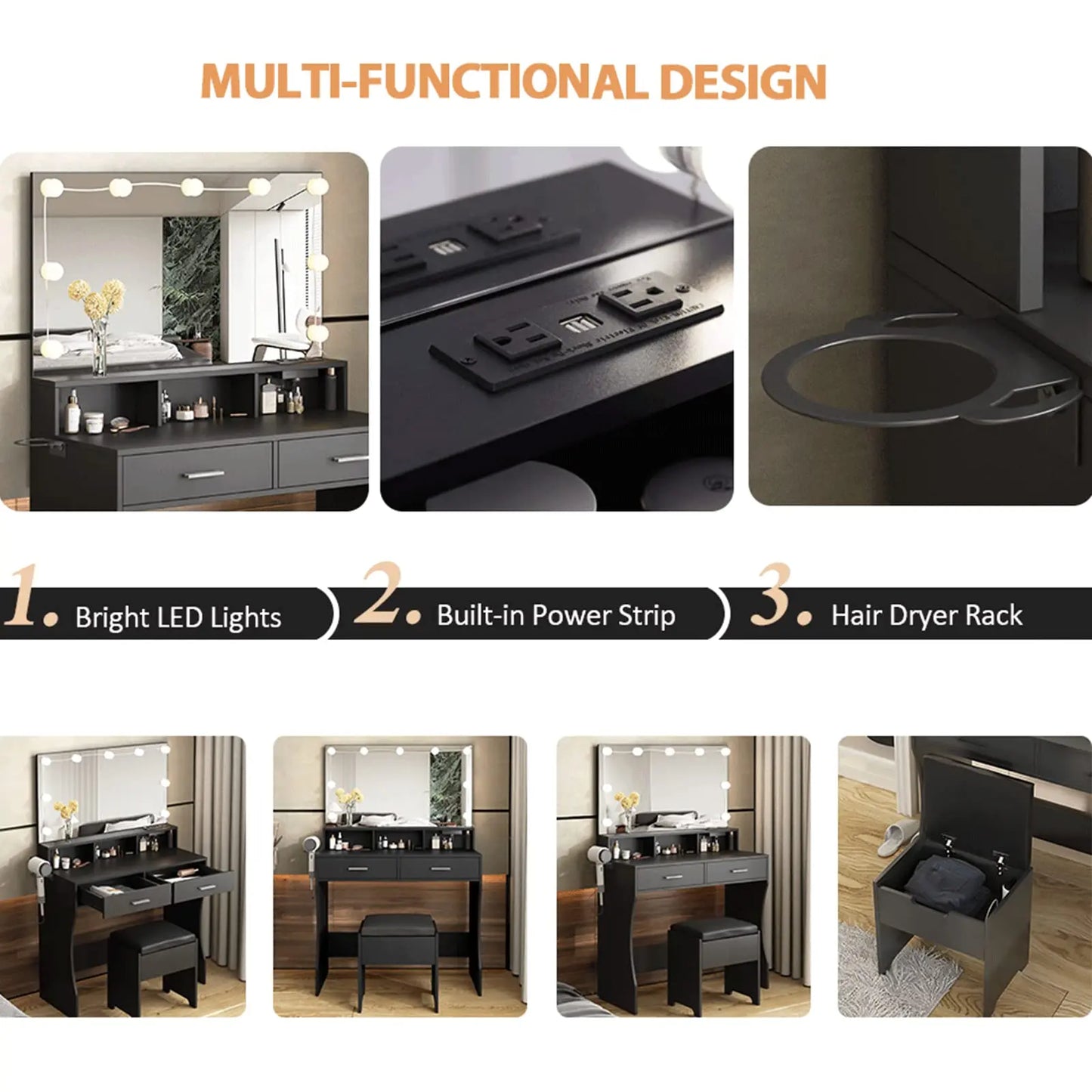 Vabches Vanity Desk with Lights Mirror Makeup Table and Power Outlet 2 Drawer Dressing Set with Chair