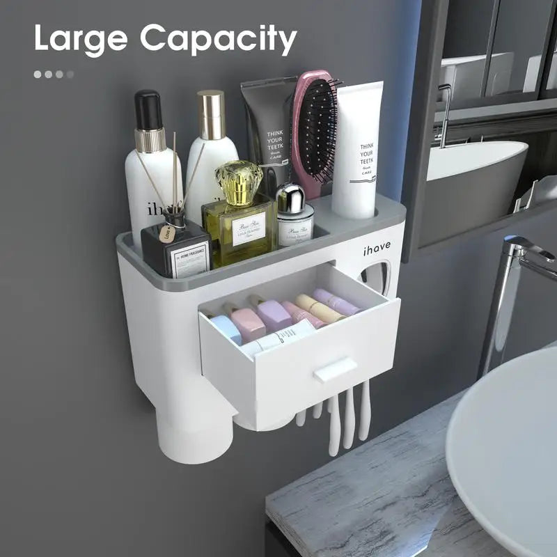 Ihave Toothbrush Holders for Bathrooms 2 Cups Toothbrush Holder Wall Mounted with Toothpaste Dispenser Large Capacity Tray