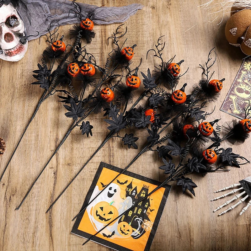 1 5 10 Pcs Halloween Branches Fake Twig with Maple Leaf Pumpkin Berries Flower Black Creepy Bouquet for Halloween Party Decor