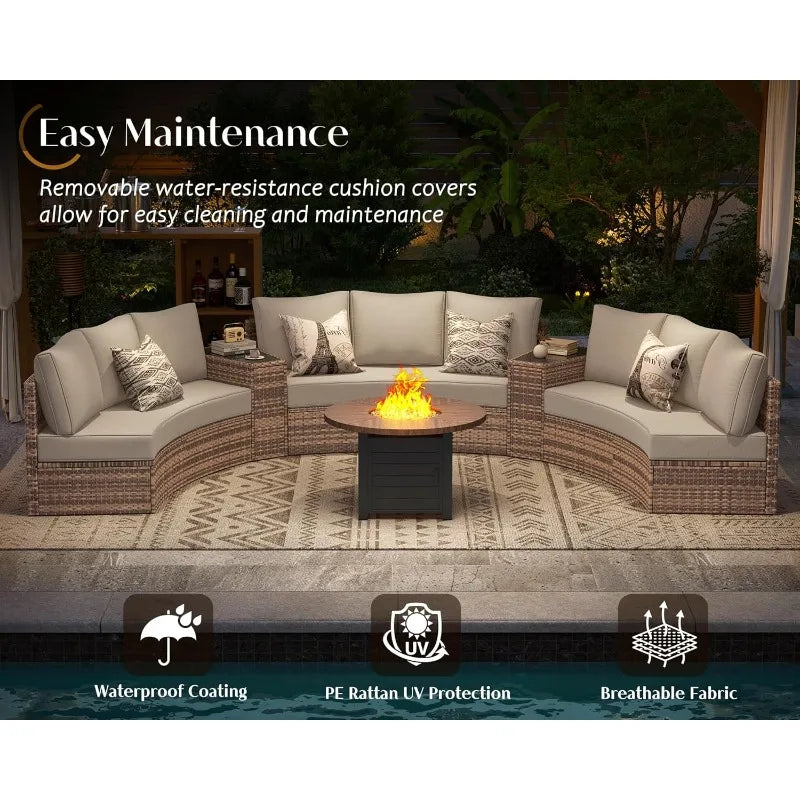 PaPaJet Patio Furniture Set, Half-Moon Wicker Sectional Sofa with Cushions, Waterproof Rattan Outdoor Conversation Set