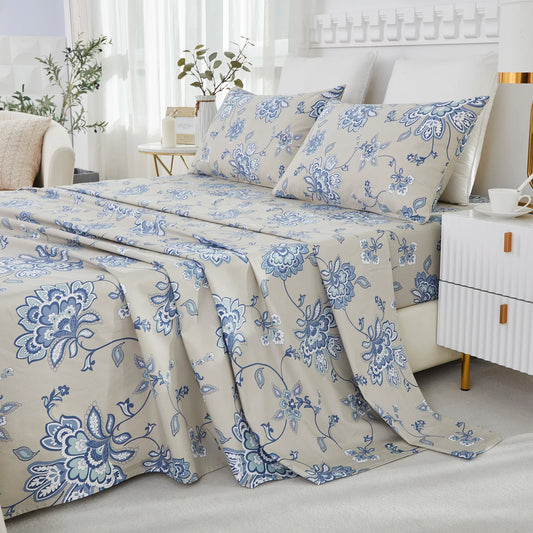 4 Pieces 600TC 100 Percent Egyptian Cotton Sheet Set Blue Boho Damask Paisley Floral Soft Skin Friendly