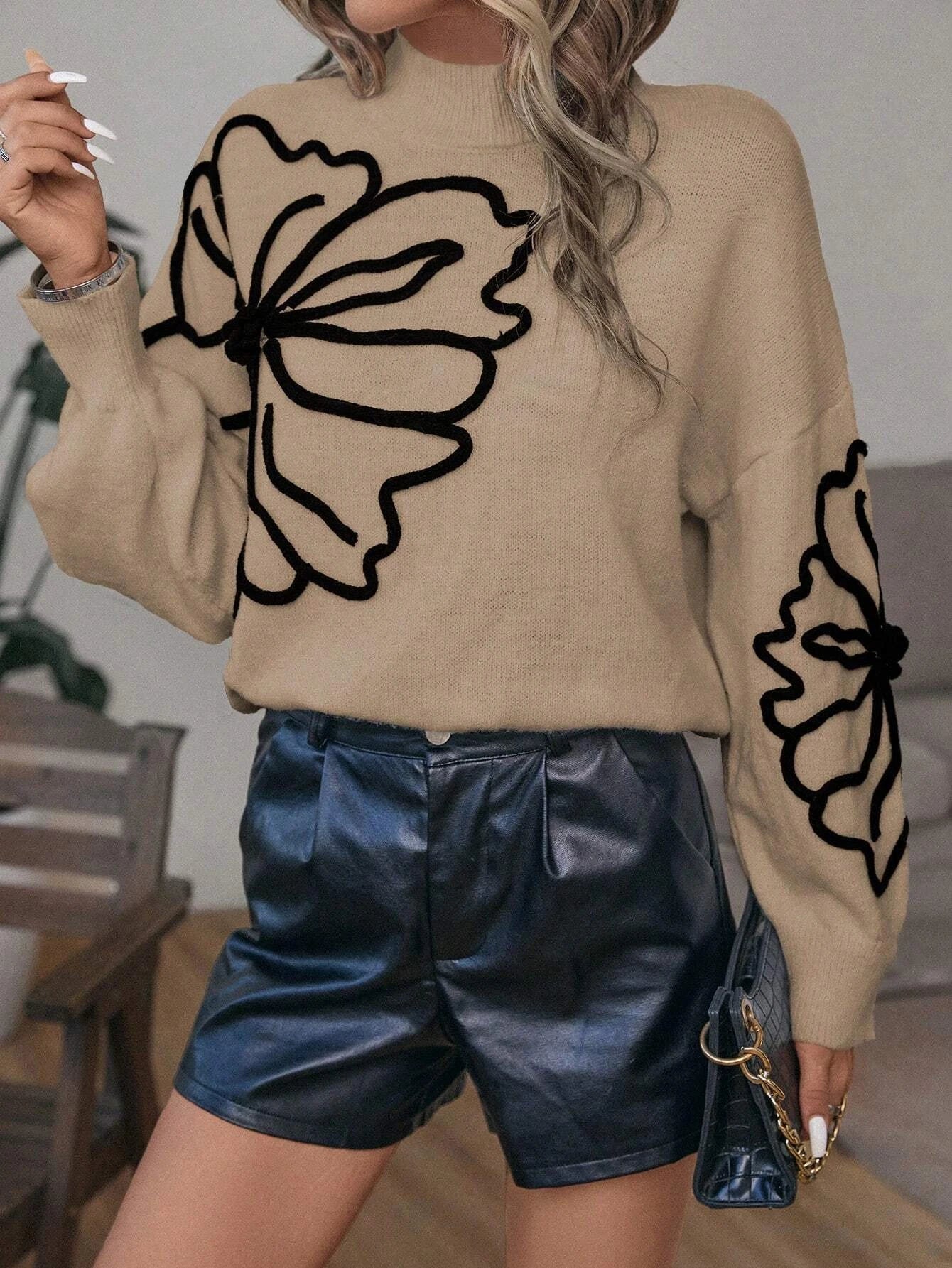 Women's Elegant Beige Butterfly Pattern Sweater - Soft Acrylic, Mock Neck, Long Sleeve, Loose Knit Pullover, Chic Casual Attire