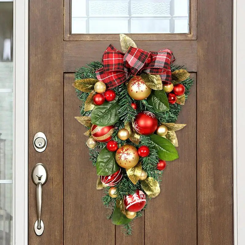 Christmas Wreath Artificial Magnolia Leaves Christmas Teardrop With Red Gold Ball Ornaments Bow Knot Decor Winter Christmas Home