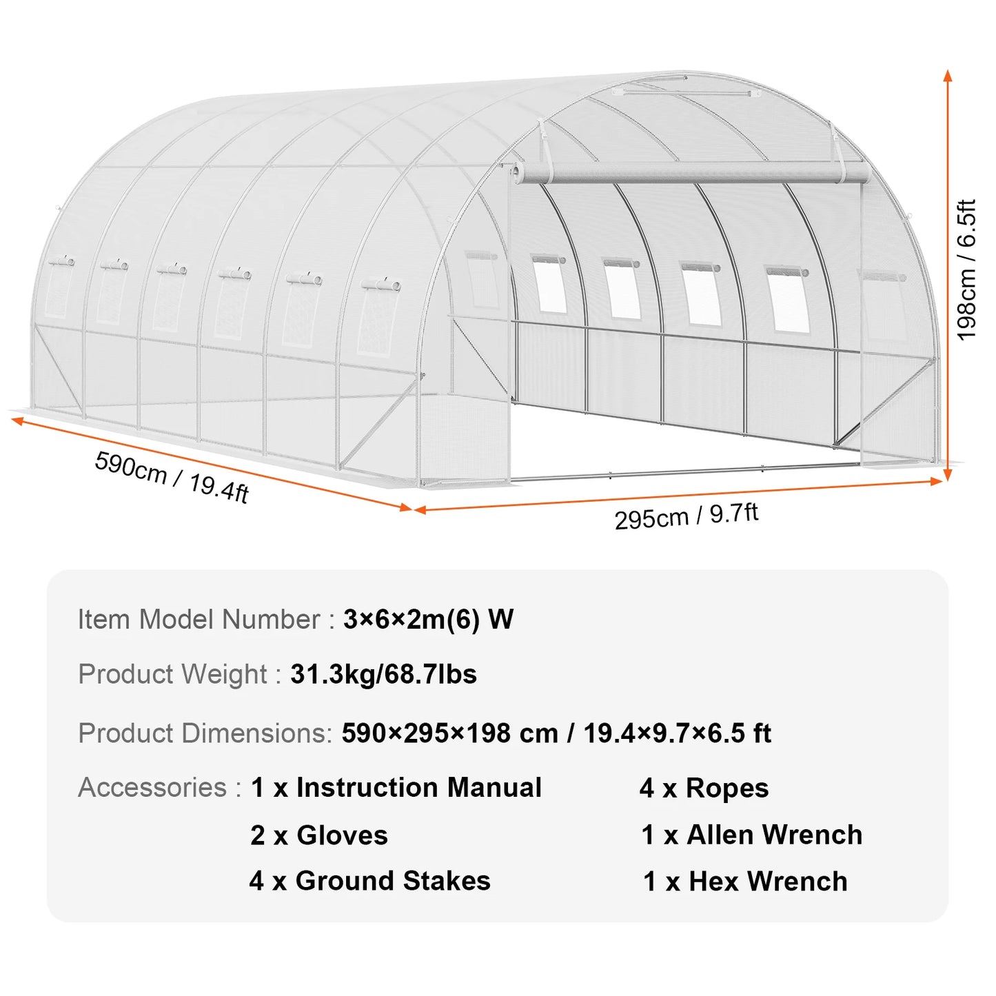 SucceBuy Walk In Tunnel Greenhouse Hoop House Steel Frame PE Cover Roll Up Zipper Door 345x195x192 cm