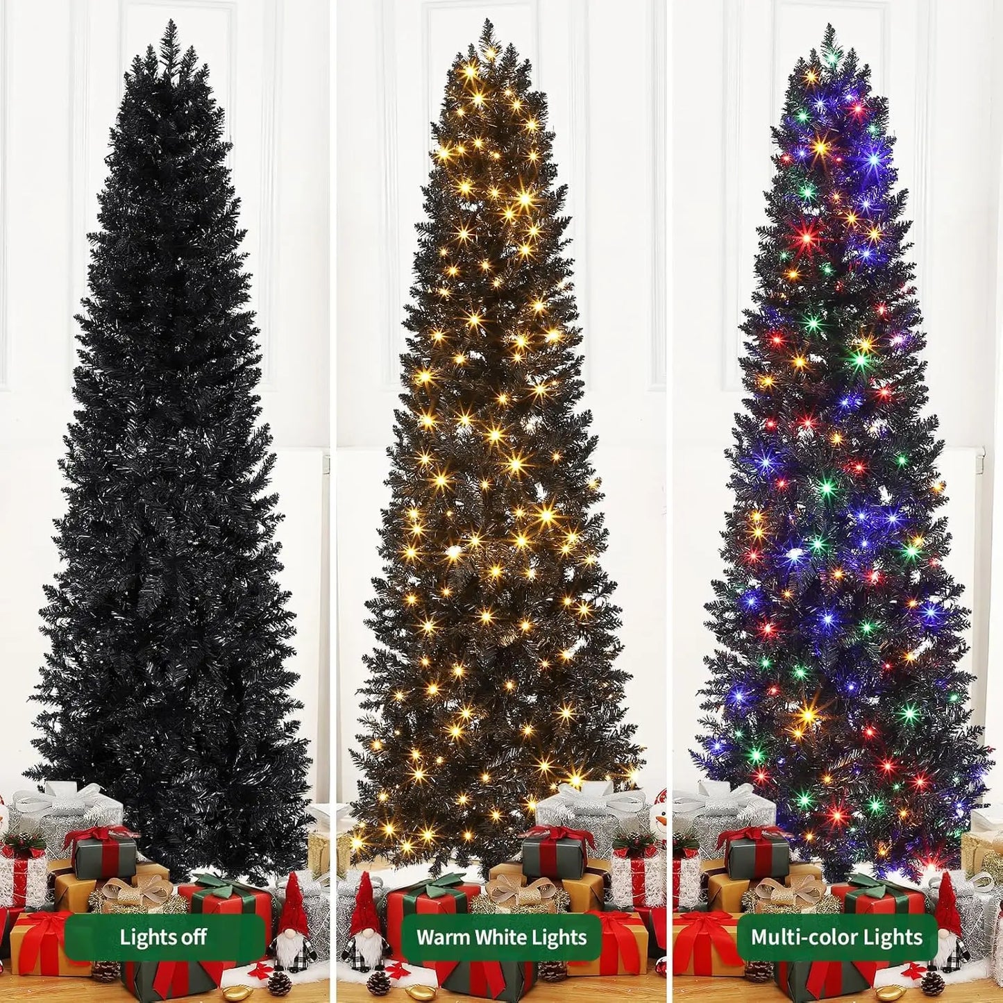 6 Ft Pre-Lit Black Halloween Christmas Tree Slim Artificial Pencil Christmas Tree With 250 Colorful LED Lights 8 Lighting Modes