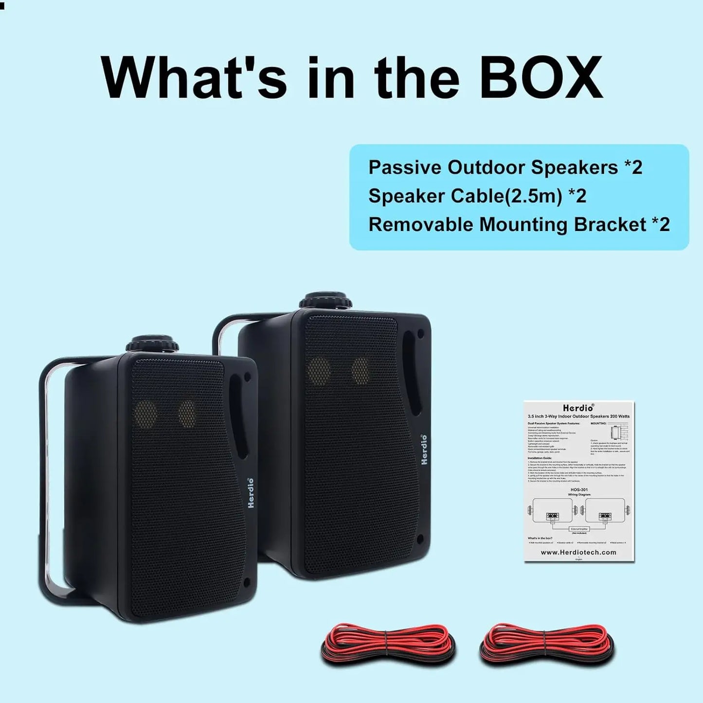 Herdio 3.5 Inch Passive Outdoor Speakers Wired Waterproof 200 Watt 3 Way Premium Mountable Wall Mount Speakers for Patio Marine Boat