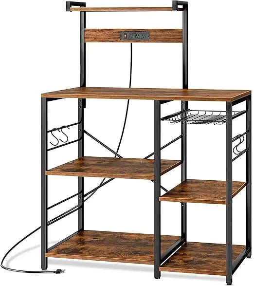 Kitchen Bakers Rack with Power Outlet & Hangers - 35.5x15.7x51.6 Kitchen Storage Rack Useful as Microwave Stand, Coffee Station