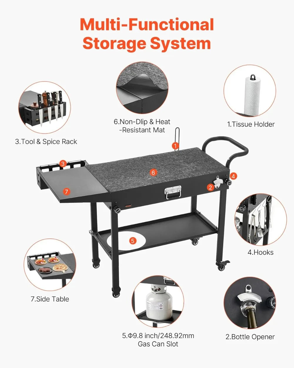 Outdoor Grill Cart, 31x17in Foldable BBQ Table with Wheels, Side Table, Tissue Holder, Hooks, for Picnic Kitchen