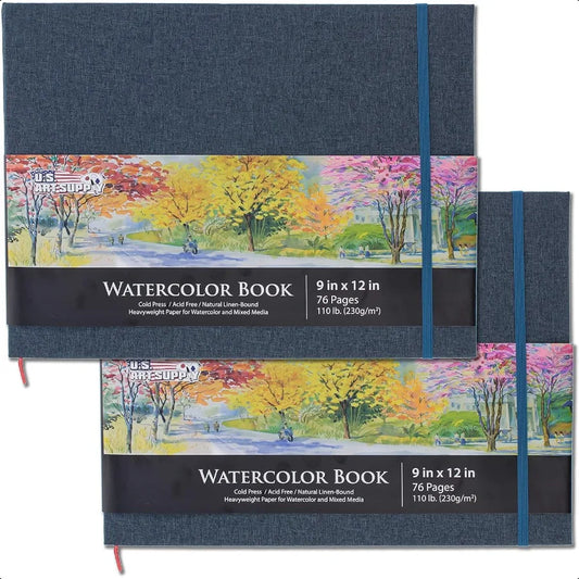 9 x 12 Watercolor Book 2 Pack 76 Sheets Each 110lb (230 GSM) LinenBound Hardcover Artist Paper Pads AcidFree ColdPred Watercolo