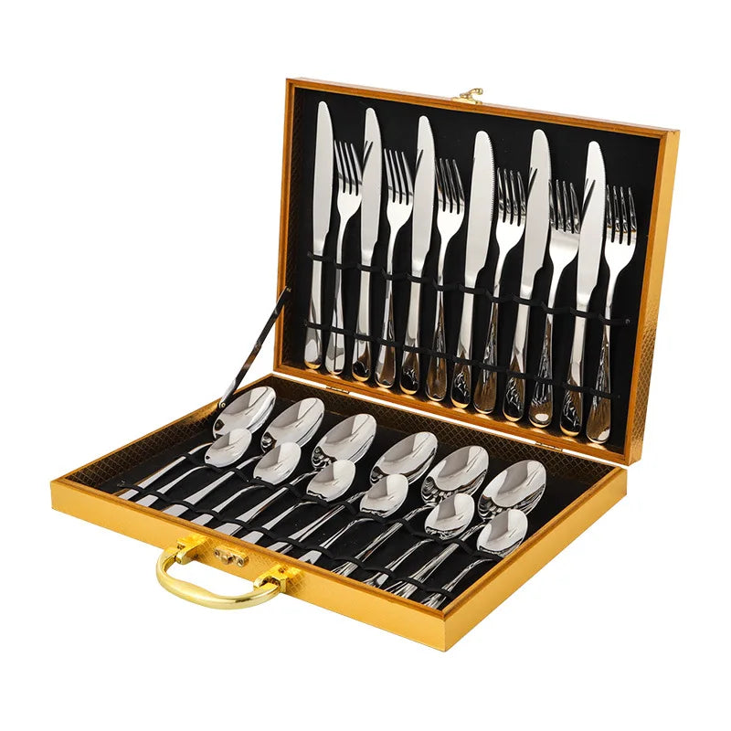 Stainless Steel Tableware Set of 24 Pieces, Wooden Box, Western Tableware with Four Main Items Knife, Fork and Spoon