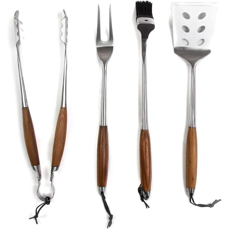 Schmidt Brothers BBQ Bonded Teak 4 Piece Grilling Accessory Set Full Forged Stainless Steel Grilling Utensils