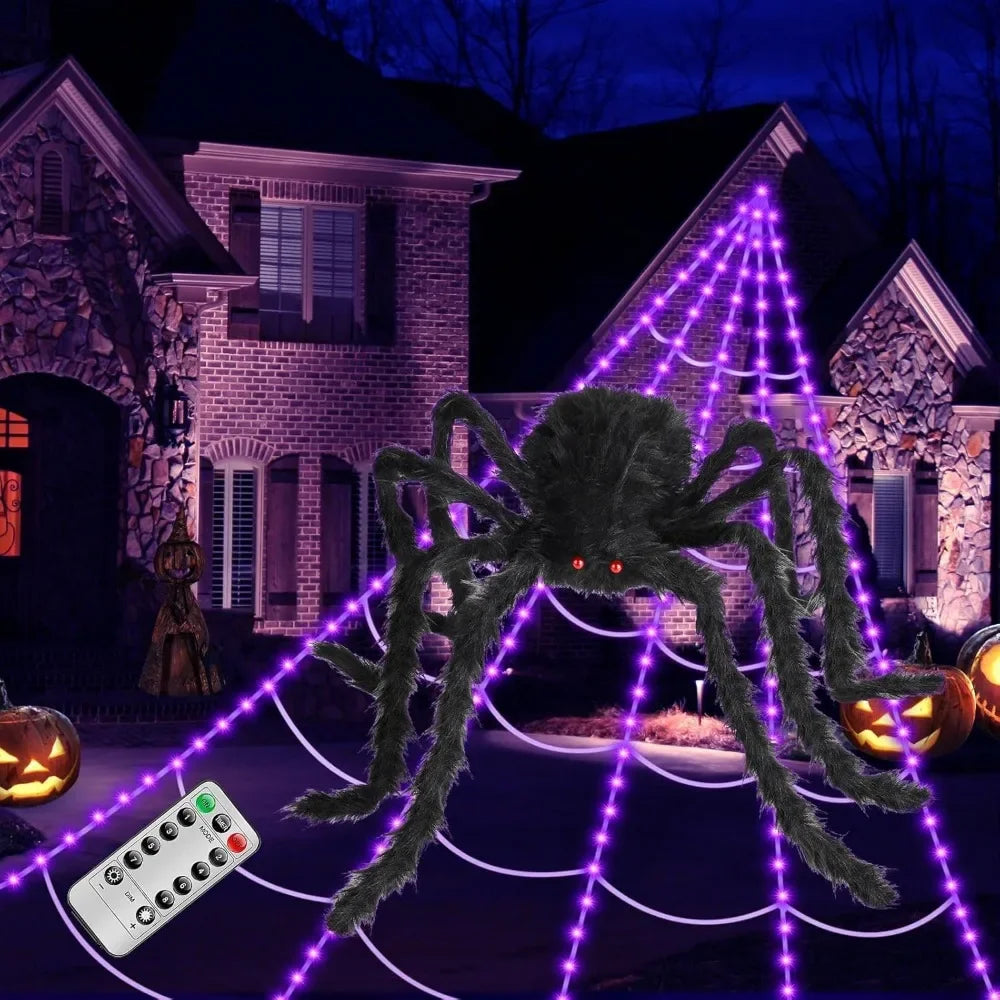 Halloween Decorative Light 48 Inch Giant Spider with Remote Control and Spider Web Outdoor Halloween Decoration