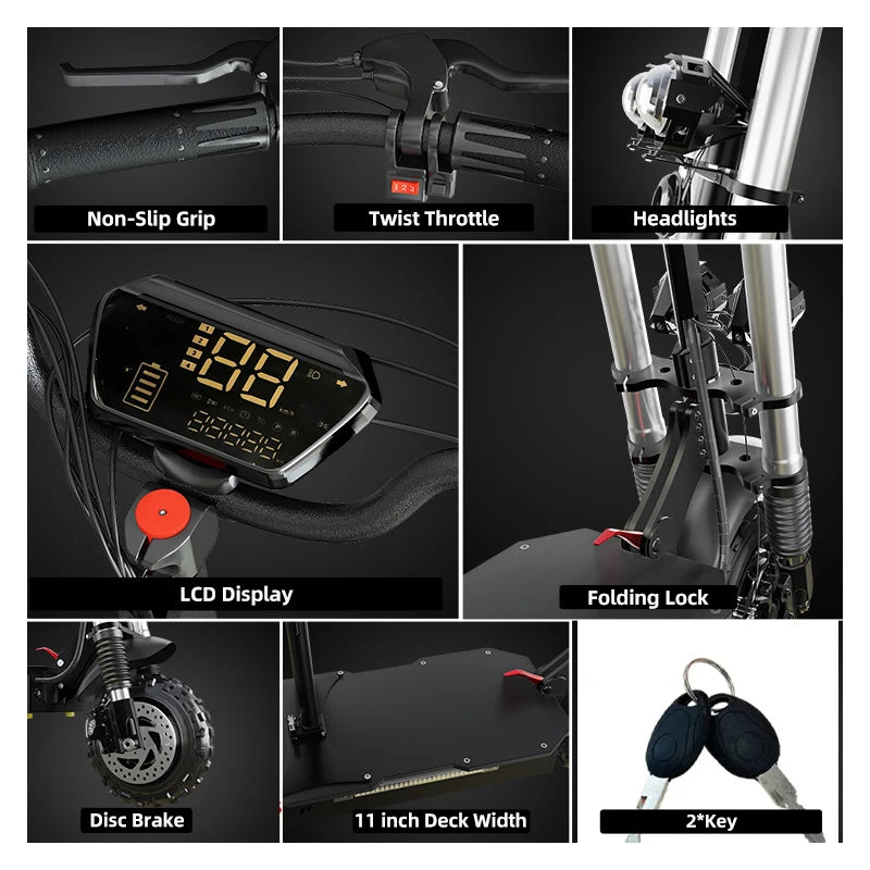 [6 Types ]Electric Scooter for Adults Single/Dual Motors Max6000W 85KM/H 72V 30Ah Battery 100KM Range 11" Tubeless Off-Road Tire