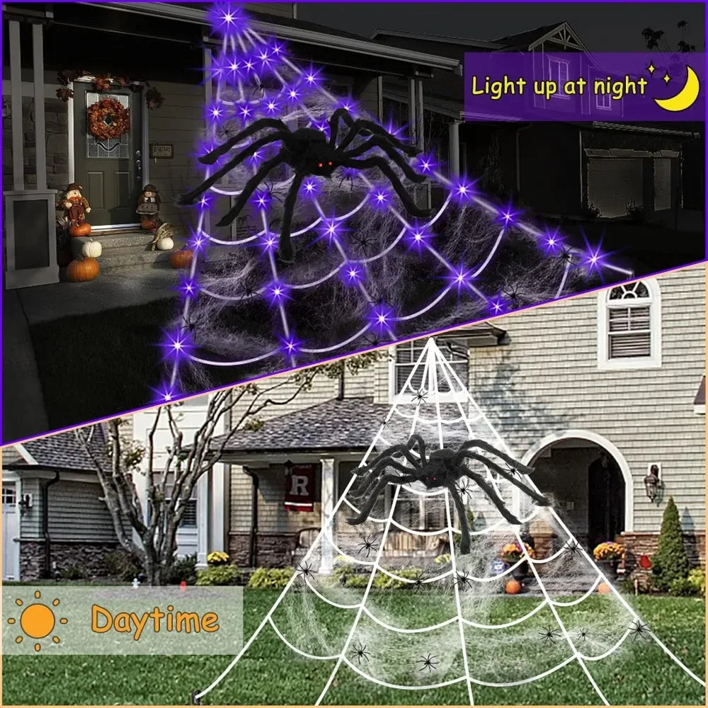 Spider Web Halloween Decorations Outdoor Lights with 125 Purple LED Lights and 8 Modes for Yard Decor