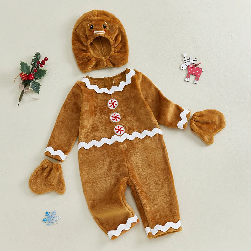 Gingerbread Man Costume Set with Ric Rac Trim Fleece Jumpsuit Hat and Gloves for Christmas and Halloween Party Fun