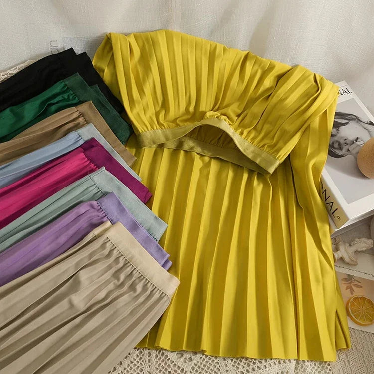 2025 Women Elegant Pleated Skirt High Waist Women Mid-long Skirt Female Ladies High Quality Women Midi Skirt Black Saia