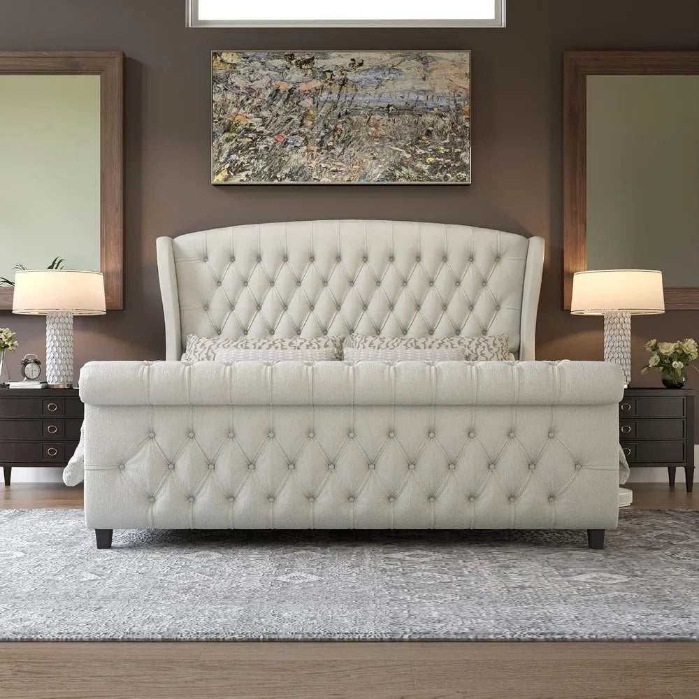 AMERLIFE Queen Size Platform Bed Frame: Chenille Upholstered Elegance with Scroll Wingback Headboard and Button Tufted Details