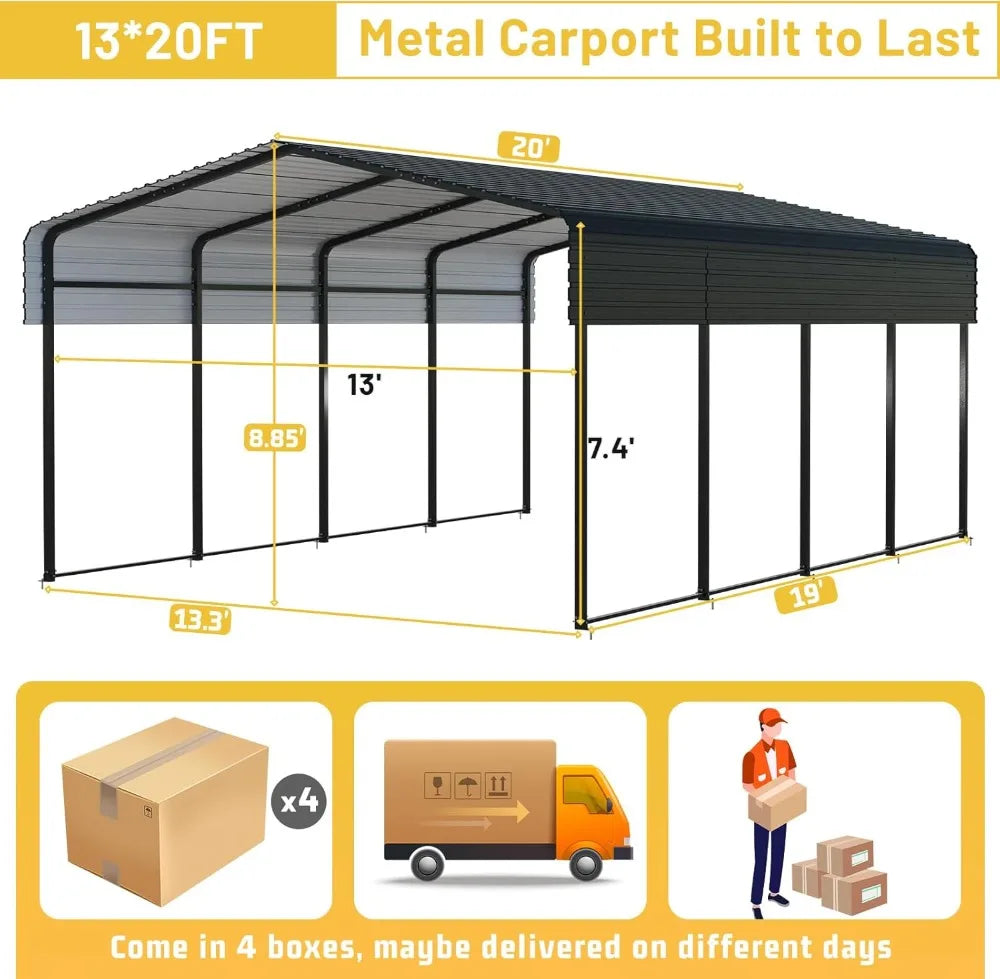 13x20 FT Heavy Duty Metal Carport with Galvanized Steel Roof, Multi-Use Shelter for Cars, Boats, RVs