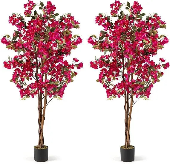 6-Foot Bougainvillea Artificial Trees, Set of 2 with 910 Flowers and 105 Leaves, Real Wood Trunk, Tall Faux Flower Trees in Pot