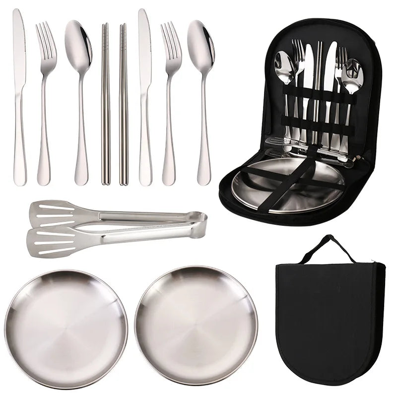 Outdoor Stainless Steel Cutlery Set Portable Travel Camping High End Barbecue Plate Food Clip Knife Fork Spoon