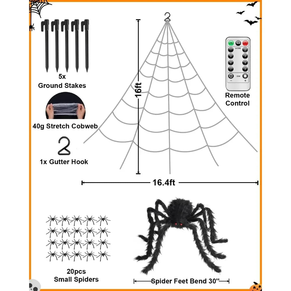 Halloween Decorative Light 48 Inch Giant Spider with Remote Control and Spider Web Outdoor Halloween Decoration