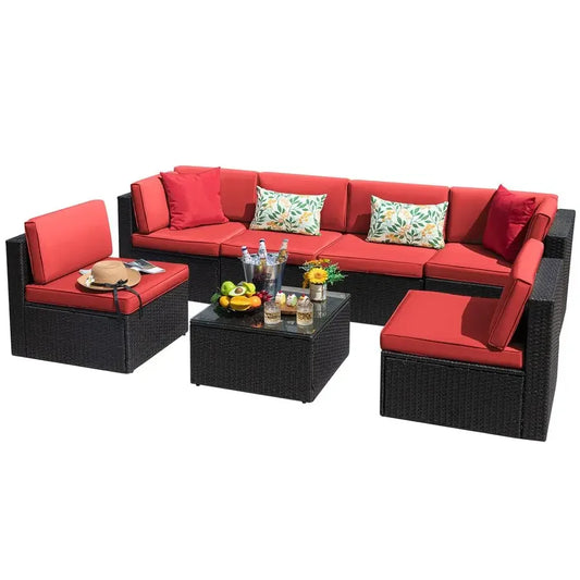 7 Pieces Outdoor Sectional Sofa Patio Furniture Sets Manual Weaving Wicker Rattan Patio Conversation Sets with Cushion and Glas