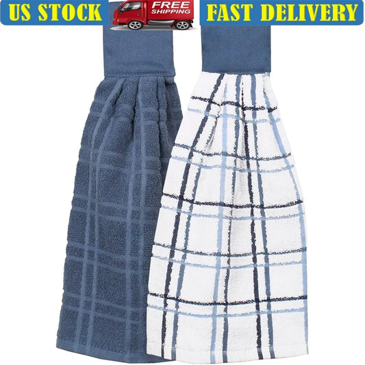 Premium Cotton Kitchen Towel Set of Two Super Soft Absorbent Fast Drying Hook-and-Loop Fastener Perfect Size Durable Machine