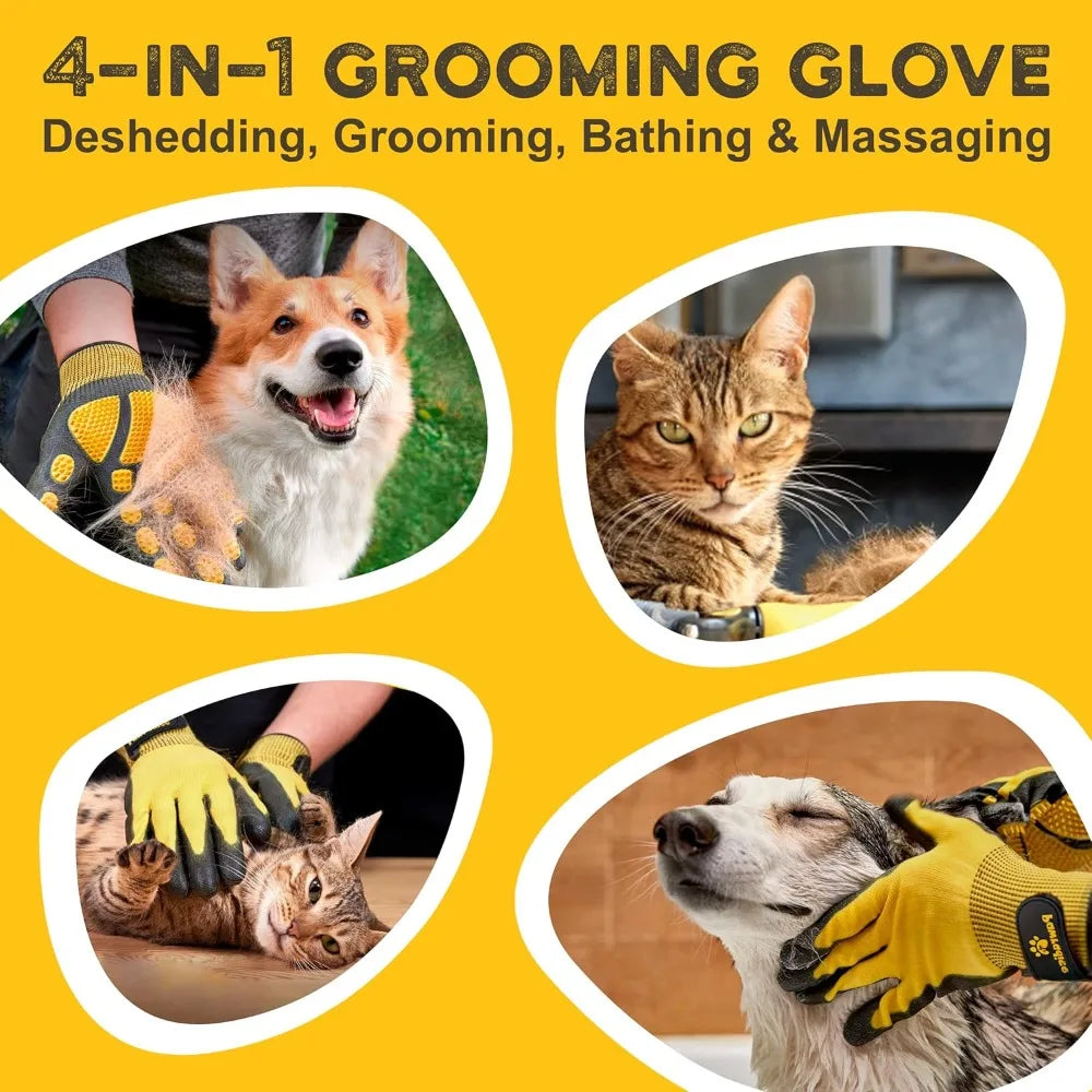 Pet Grooming and Bathing Gloves - Effective Pet Hair Remover for Cats, Dogs & Horses - Long & Short Fur - Deshedding Gloves