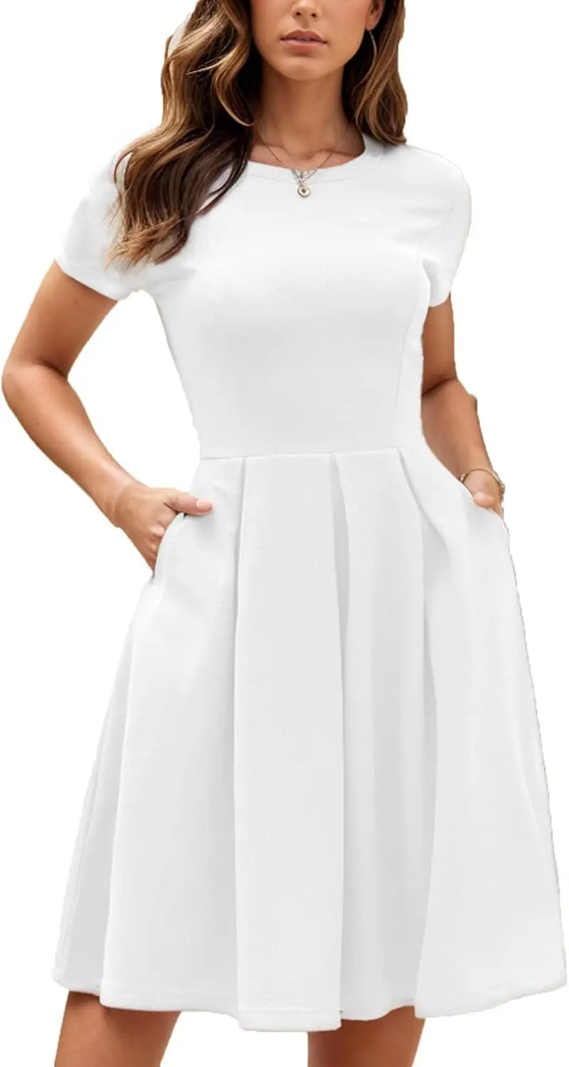Red A-Line Short Sleeve Dress with Pockets for Women, Summer Party Church Bridesmaid Graduation Occasion