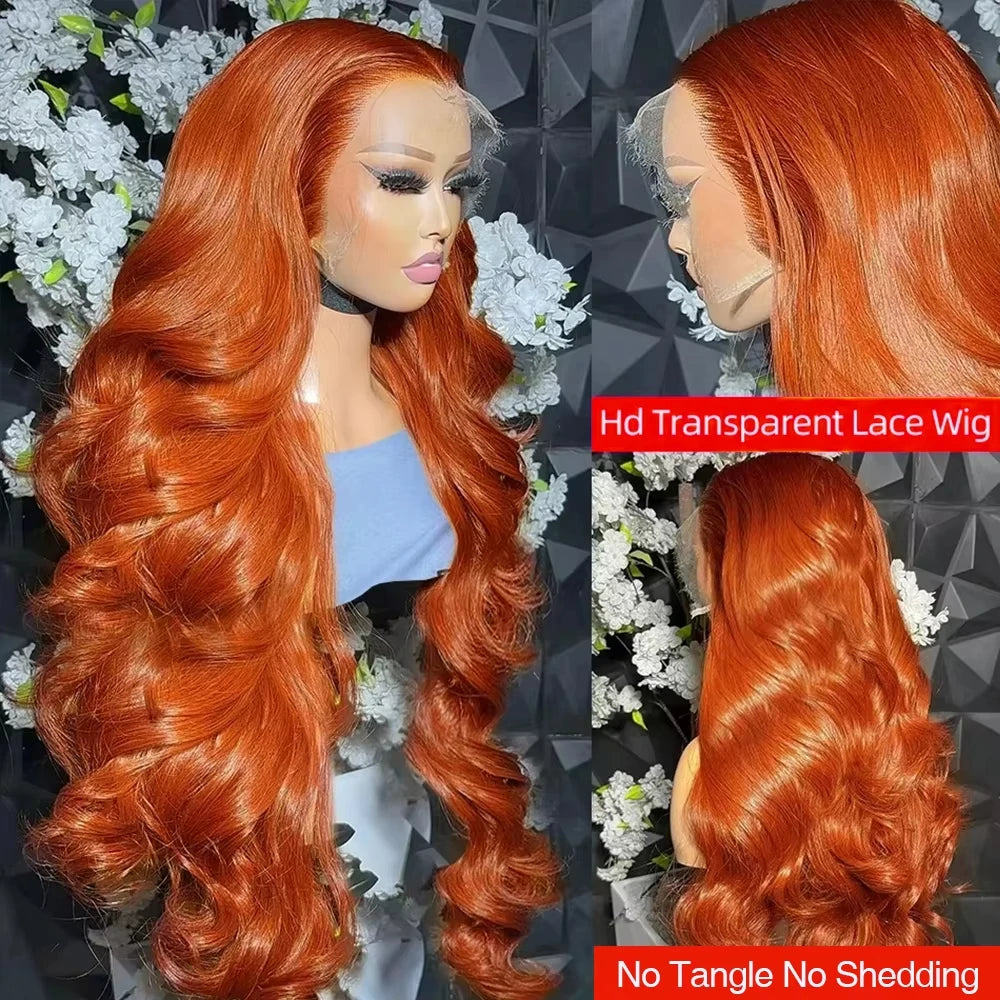 36inch Ginger Orange Lace Front Wigs Human Hair Pre Plucked 200% Density Body Wave 13x4 13x6 Hd Transparent Lace Frontal Wigs