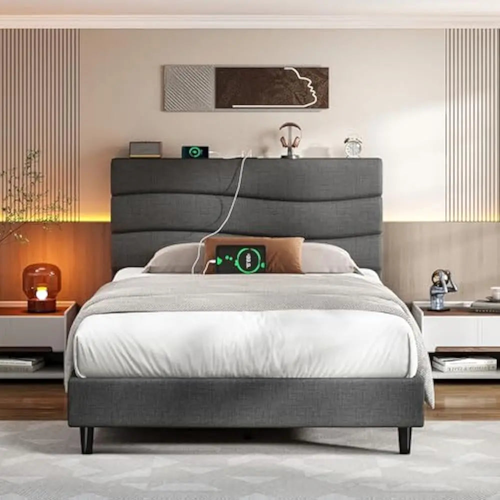 Queen Bed Frame w/Fabric Upholstered Headboard, Storage Headboard & Charging Station, Wooden Slats Support, No Box Spring Needed