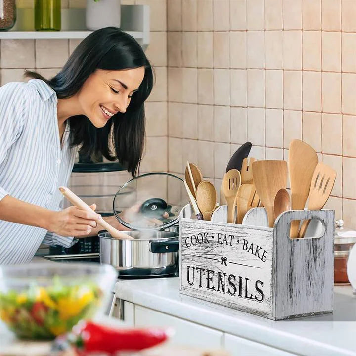 5 Pieces Set Wooden Cutlery Box with Compartments for Kitchen Counter Storage Fork and Spoon