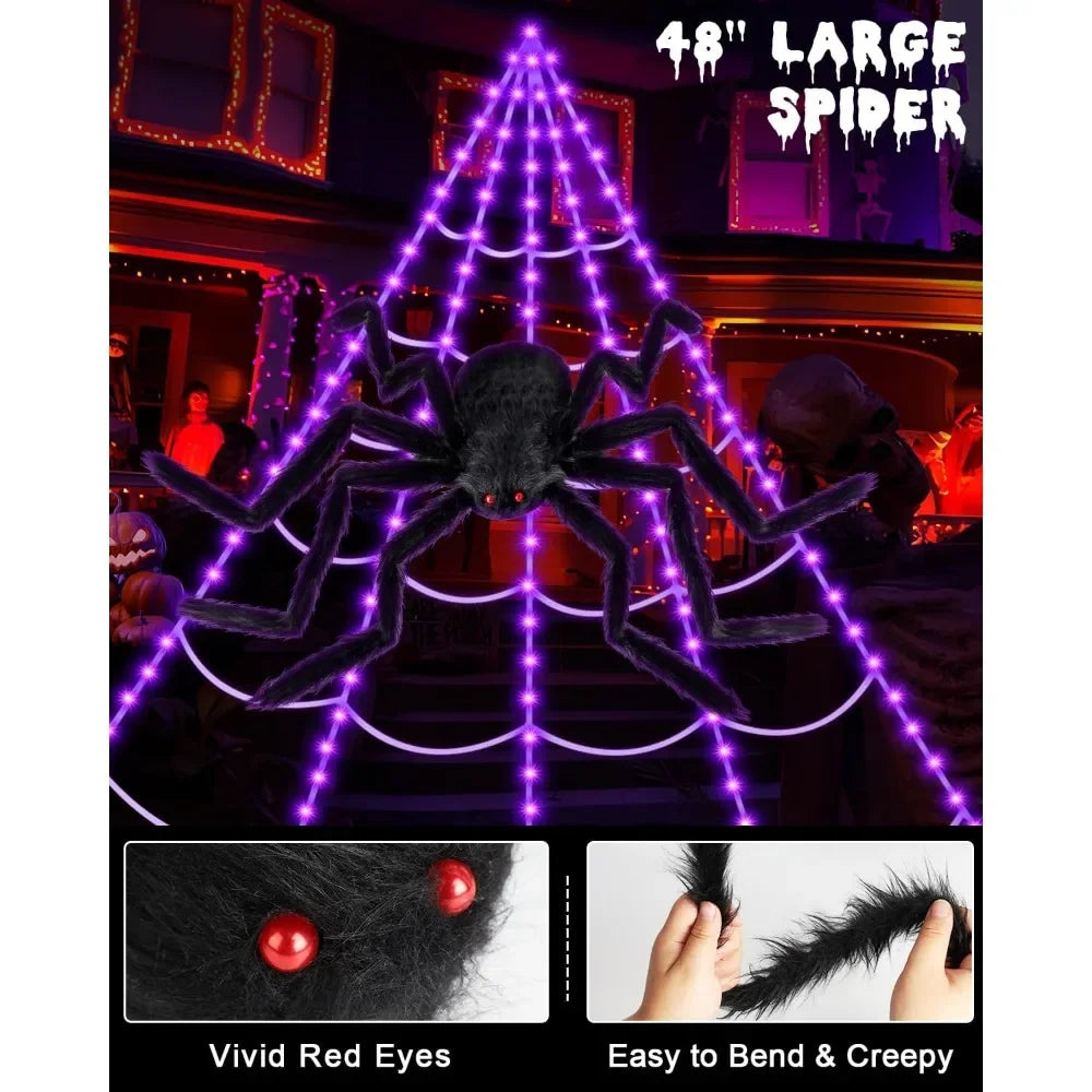 Halloween Decorative Light 48 Inch Giant Spider with Remote Control and Spider Web Outdoor Halloween Decoration