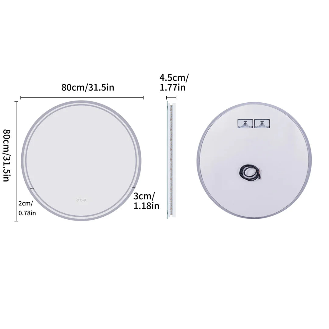 LUVODI 80cm Round Large LED Bathroom Mirror Backlit Built-in Touch On/Off Dimming Anti-fog Wall Mounted Mirror