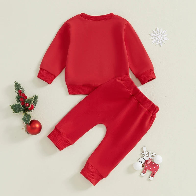 Toddler Girl Boy Christmas Outfits Santa Claus Letter Embroidery Long Sleeve Sweatshirt with Solid Pants Set