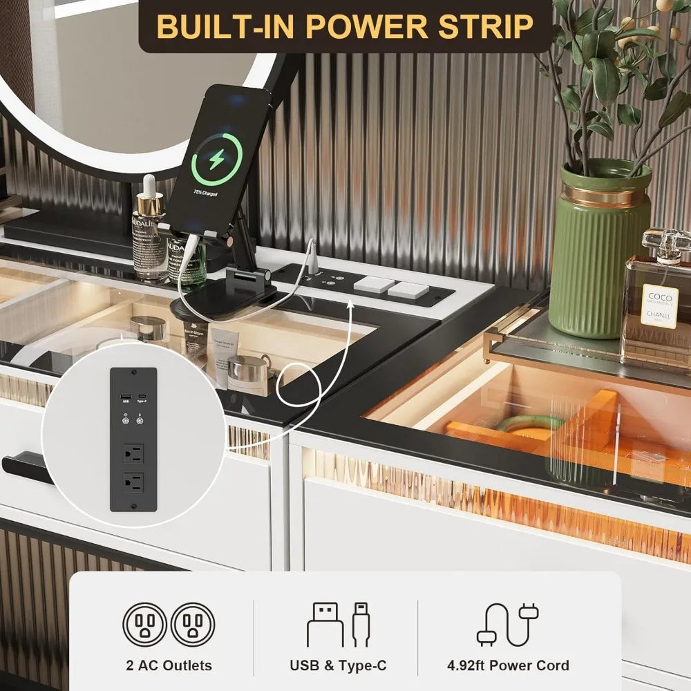 49 Inch Modern Vanity with Mirror and Light Charging Station 6 Drawers and Separate Drawers Bedroom Glass Vanity