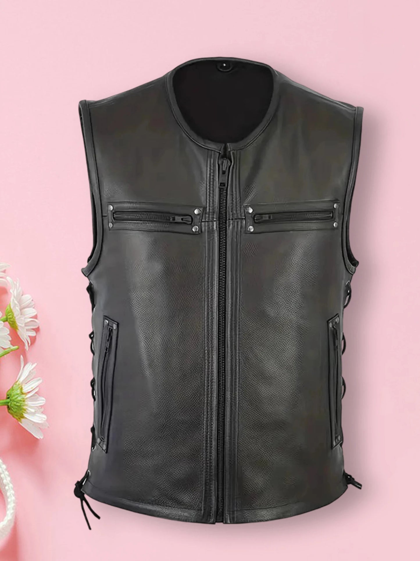 Stylish Men s Biker Vest in Genuine Leather with Multiple Pockets and Zipper Closure for a Trendy Sleeveless Look