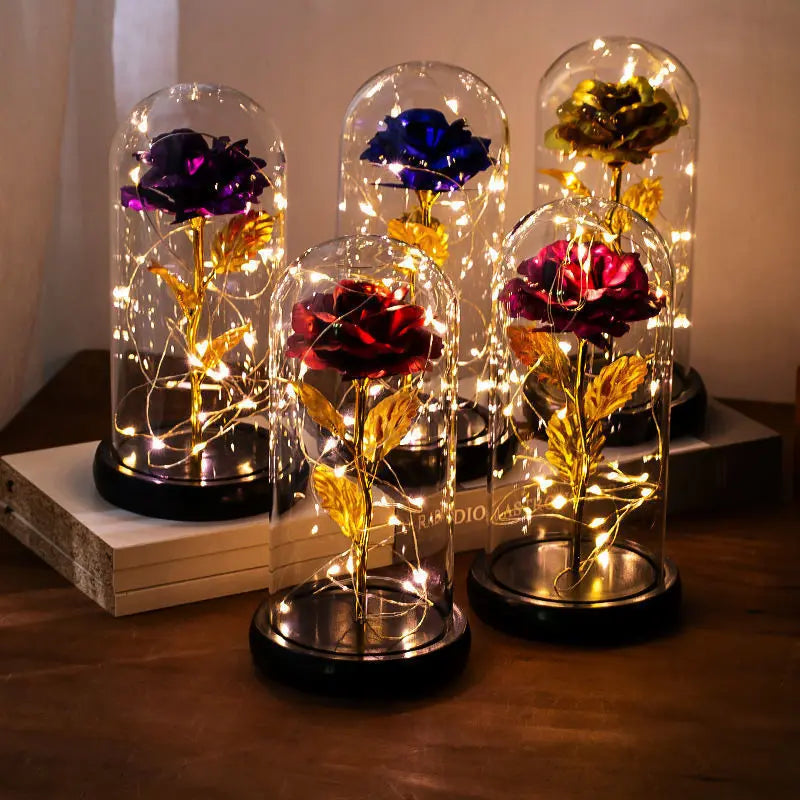 Valentine's Day Artificial Flower 24k Gold Foil Eternal Rose In Glass With Lights Decor For Home Birthday Gift Mother's Day Gift