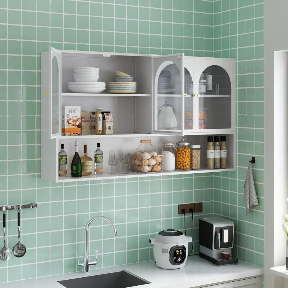Large Kitchen Wall Storage Cabinet White Upper Cabinet Mounted Cabinet with Arched Glass Doors and Shelf for Kitchen and Living