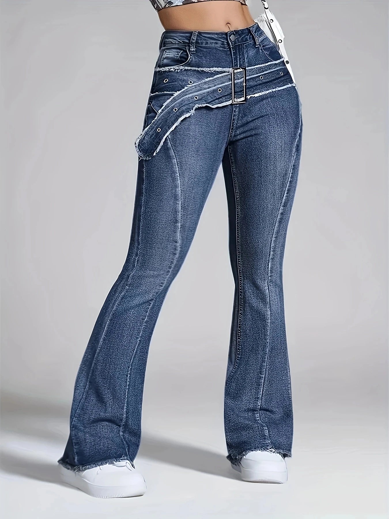 Women's retro blue fur edge fake waistband design with curved edge fashionable micro flared jeans