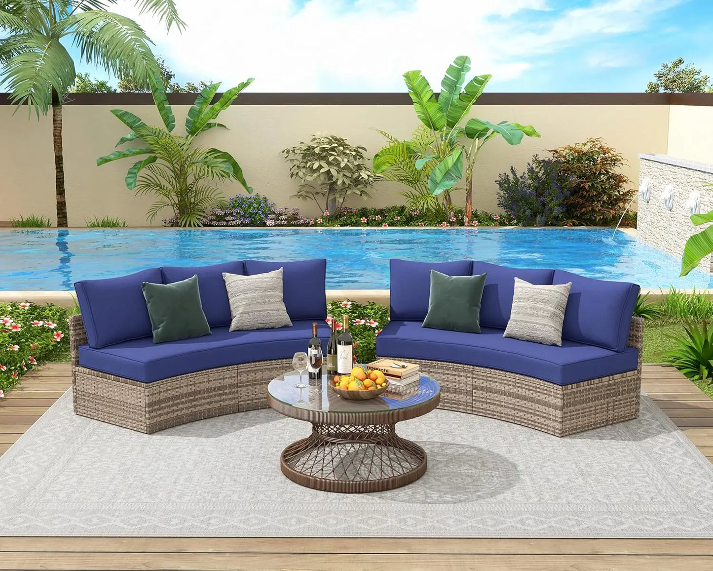 PaPaJet Patio Furniture Set, Half-Moon Wicker Sectional Sofa with Cushions, Waterproof Rattan Outdoor Conversation Set