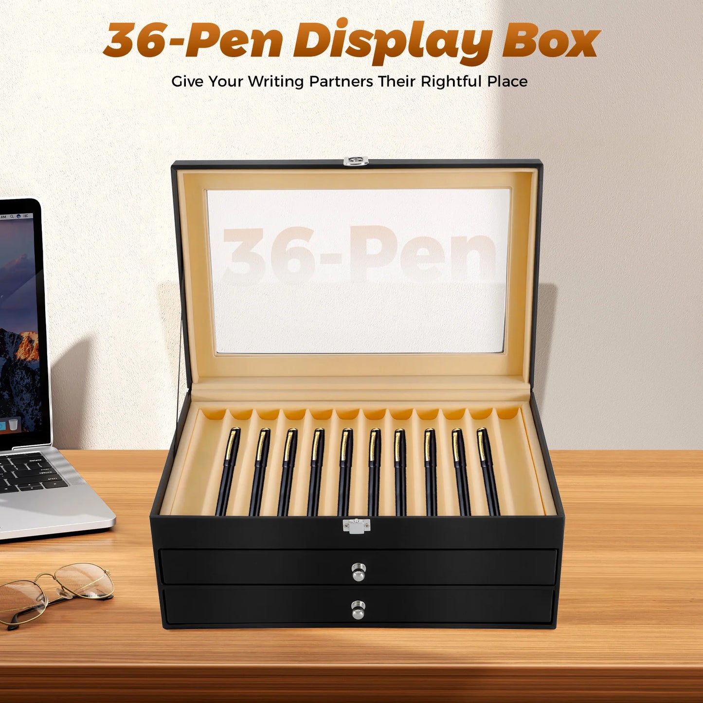 NEWEST 36 Slots Pen Display Box, Leather Pen Organizer Box, Glass Window Pen Collection Display Case, Luxury Pen Collector Case, Black